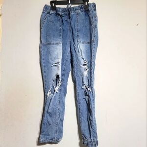 Womens Maurices Jeans size 8‎ SHORT Denim Joggers Distressed Pull On Pants Blue